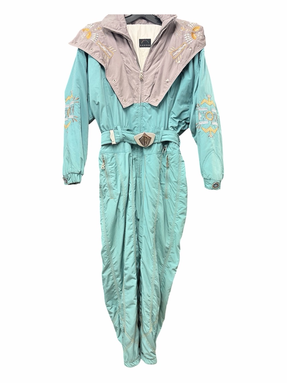 Vintage Bogner Aqua and Taupe Ski Jumpsuit with Embroidered Accents